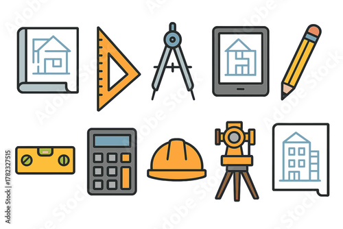 A set of 10 colorful vector icons (with outline and fill) depicting the tools and attributes of an architect/civil engineer.