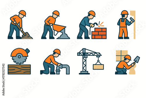 A set of 12 colorful vector illustrations (filled icons) depicting builders in orange helmets and work clothes performing various types of work.