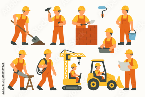 A set of 12 colorful vector illustrations (filled icons) depicting builders in orange overalls and yellow helmets performing various types of work.
