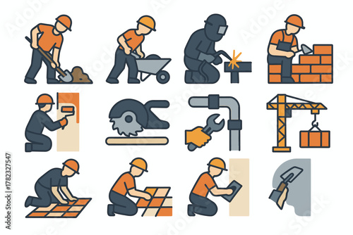A set of 12 color illustrations (filled icons) depicting builders performing various types of work on a construction site. All workers are wearing orange helmets and protective clothing.
