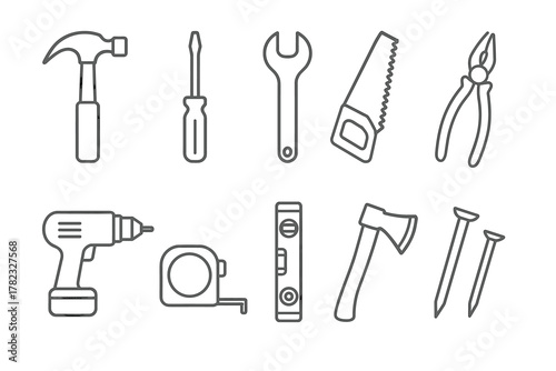 A set of 10 simple linear icons (pictograms) depicting basic hand and power tools for construction, repair, and carpentry work.