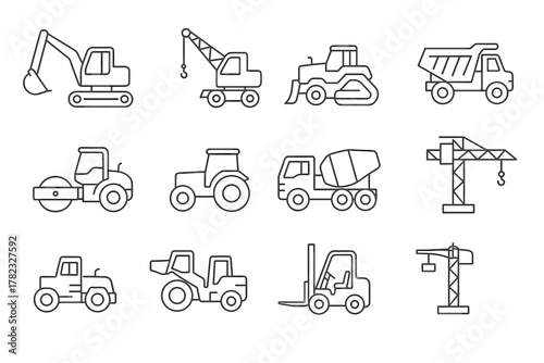 A set of 11 simple linear icons (pictograms) depicting construction equipment and special equipment.