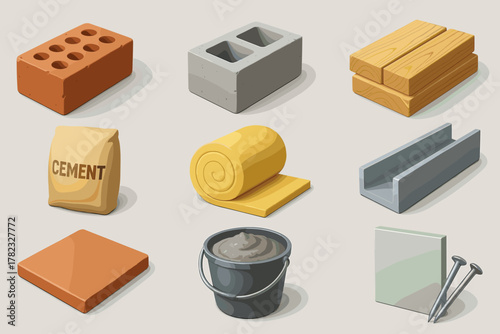 9 icons of building materials in flat cartoon style + volume (color fill, shadows, gloss). Each icon is realistic, with texture and 3D effect.