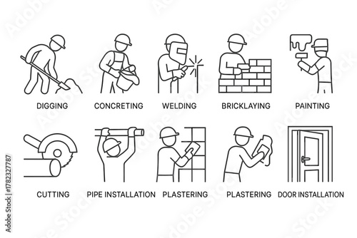 10 icons of construction processes with workers in line art + label style (black outlines + text in English). Each icon is dynamic, featuring a person wearing a helmet, and minimalistic.