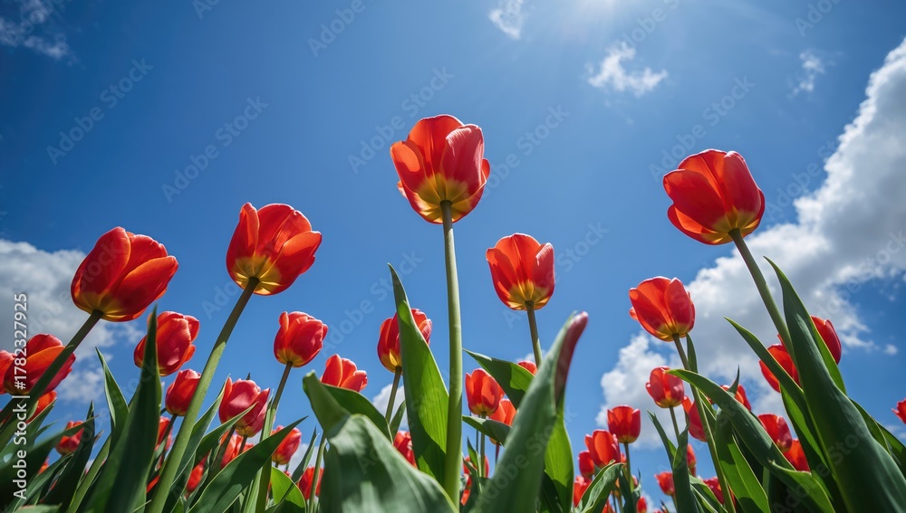Naklejka premium Tulip flowers blooming under the sky, vibrant colors and natural beauty, seasonal change