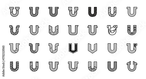 Collection of 28 unique letter U logo designs, presented as a vector cartoon illustration on a clean white background, featuring an ordered set of line icons with diverse stylistic variations and