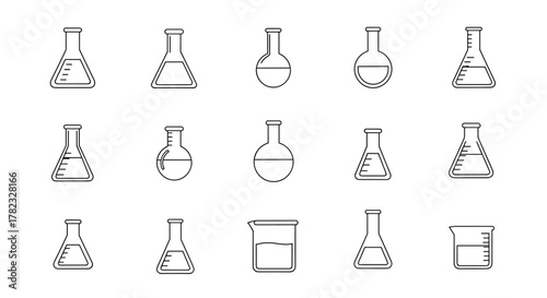Minimalistic outline icons of various laboratory flasks and beakers, perfect for web design, graphic design, apps, banners, social networks, and cards. This vector cartoon illustration features clean