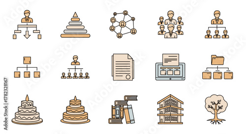 Collection of thin line icons representing hierarchy, organization, and business concepts, including organizational charts, team structures, documents, laptops, folders, cakes, books, buildings, and