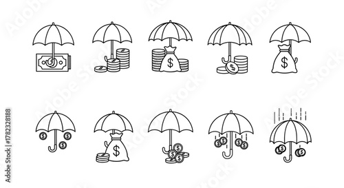 Collection of line art icons depicting financial security and protection, featuring umbrellas shielding stacks of coins, money bags, and banknotes, symbolizing insurance and investment safety against