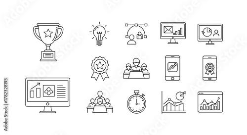 A collection of line art icons representing business success, competition, and digital technology, featuring a trophy, lightbulb, team collaboration, charts, graphs, computers, and smartphones