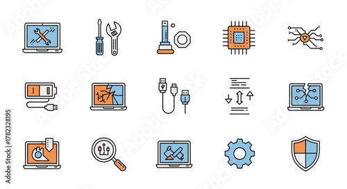 Set of 15 minimalistic linear icons representing laptop repair and computer technology, including tools like wrenches and screwdrivers, damaged screens, charging batteries, USB cables, CPU chips
