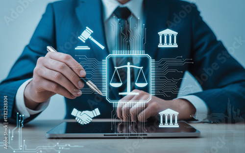 Businessman using technology with a laptop displaying a finance symbol on the screen