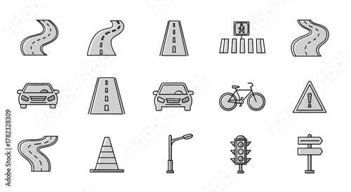 Modern outline style icons depicting various road elements and traffic symbols, including winding paths, straight roads, cars, bicycles, traffic cones, pedestrian crossings, warning signs