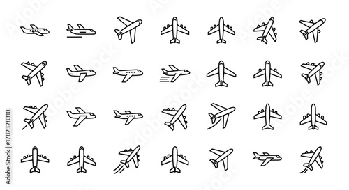 Collection of simple, minimalistic linear icons and pictograms representing various types of airplanes and aviation concepts, perfect for web, graphic design, apps, banners, social networks, and