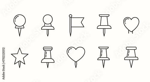 Collection of simple, isolated line icons representing push pins, a flag, and a heart shape, suitable for school and office use, with editable strokes, perfect for web, books, cards, and apps