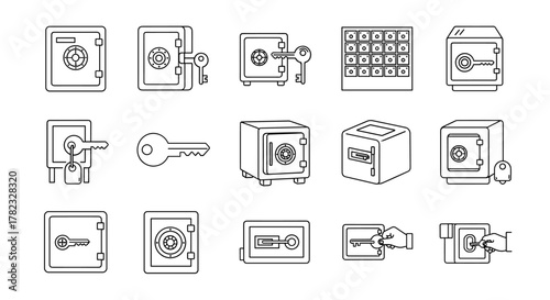 Collection of outline icons representing safe deposit boxes and keys, perfect for infographics, articles, books, flyers, and banners, with editable strokes and a clean vector cartoon illustration