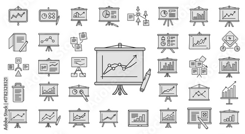 Collection of presentation board icons with editable stroke, perfect for infographics, articles, books, flyers, and banners, featuring various charts, graphs, and diagrams in a clean vector cartoon