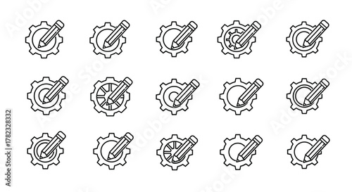 Set of minimalistic linear icons featuring a gear combined with a pencil, symbolizing creation, development, and technical design. These versatile vector pictograms are perfect for web design