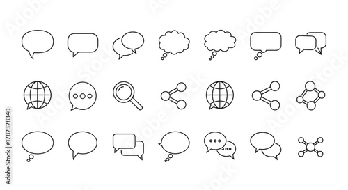 A collection of minimalistic linear outline icons representing speech bubbles, thought clouds, globes, search magnifying glass, share nodes, and molecular structures, perfect for web design, graphic