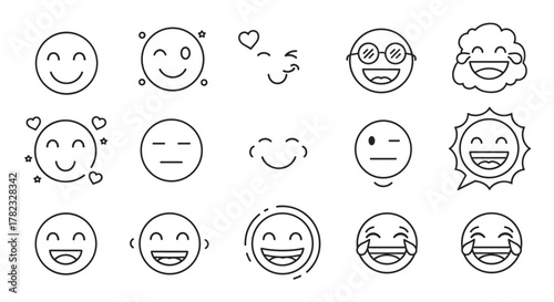 Collection of simple, isolated line icons representing various smileys and emotions, suitable for web, books, cards, and apps. This editable stroke vector cartoon illustration features a white