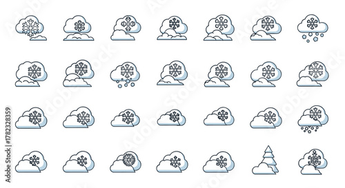 Collection of outline icons representing snow under clouds, perfect for graphic and web design, apps, adverts, and various cards. This vector cartoon illustration features a white background and