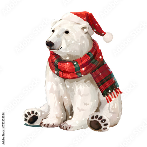 Festive polar bear with winter accessories isolated on transparent background