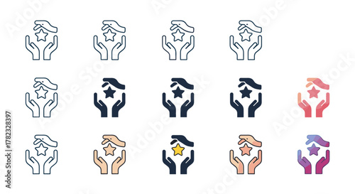 Set of 15 diverse star icons held between cupped hands, symbolizing achievement, recognition, and success, presented in various styles including line art, solid fill, gradient, and watercolor effects