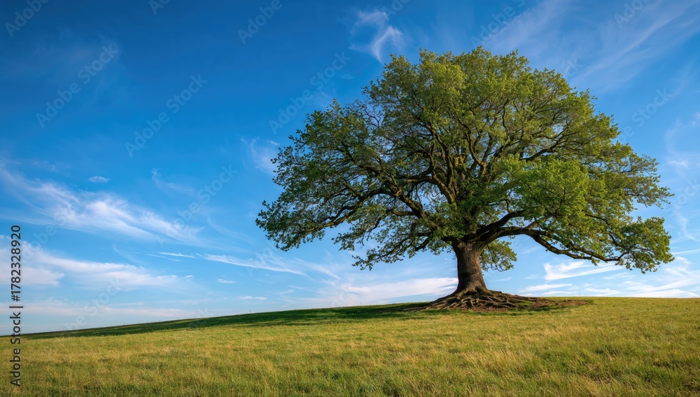 Obraz premium Green tree on inclined terrain beneath clear blue sky, highlighting seasonal change