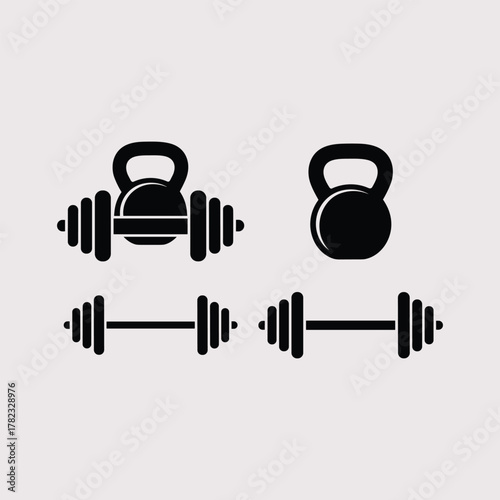 Black silhouette icons of a kettlebell and barbells on a light grey background dumbbell weight vector illustration.