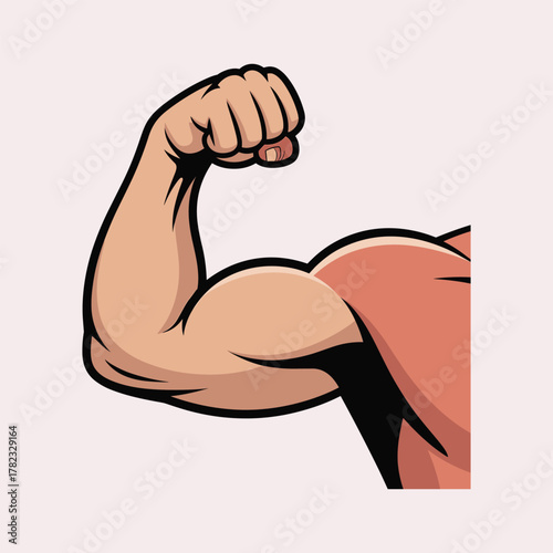 Cartoon illustration of a muscular man's flexed arm and bicep with a clenched fist against a light pink background