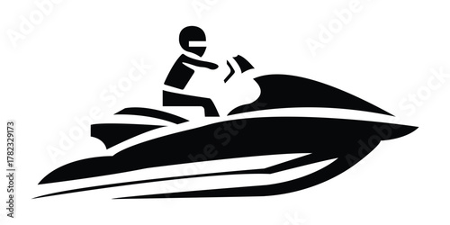 Jet Ski Silhouette – Person Riding Personal Watercraft on Wavy Water Vector Illustration