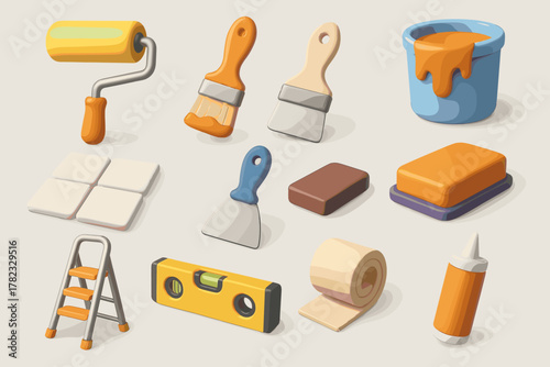 A set of icons related to repair and surface finishing. All icons are rendered in a three-dimensional style using colors such as yellow, orange, gray, and blue.