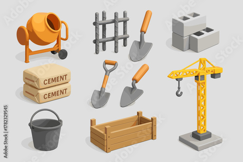 A set of icons related to building materials and equipment. All icons are rendered in a 3D style using colors such as orange, gray, brown, and black.
