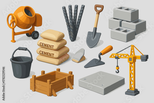 A set of icons related to building materials and equipment. All icons are rendered in a three-dimensional style using colors such as orange, gray, brown, and black.