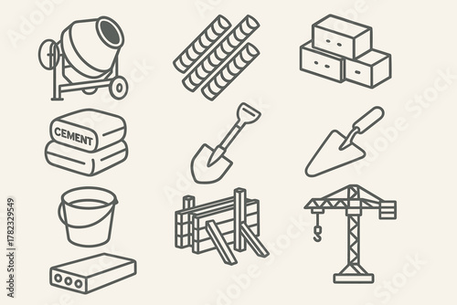 A set of icons related to building materials and equipment. All icons are made in black and white with a simple outline design.