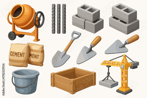 A set of icons related to building materials and equipment. All icons are rendered in a 3D style using colors such as orange, gray, brown, and black.
