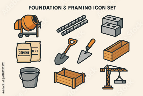 A set of icons called “Foundation & Framing Icon Set” related to building materials and equipment. All icons are designed in a simplified style using colors such as orange, gray, and brown.