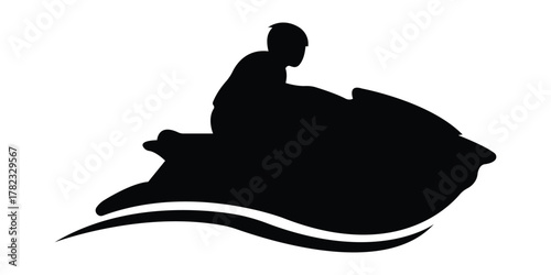 Jet Ski Silhouette – Person Riding Personal Watercraft on Wavy Water Vector Illustration