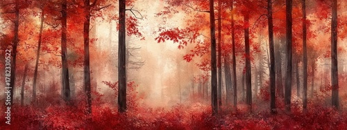 Dense forest with tall trees surrounded by vibrant red foliage and misty atmosphere creating a serene and mysterious autumn scene