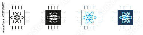 Technology Microchip with Atom Science Concept Line and Solid Icon Set. Processor Hardware Innovation Digital Electronics Quantum Symbol Collection. Isolated Vector Illustration