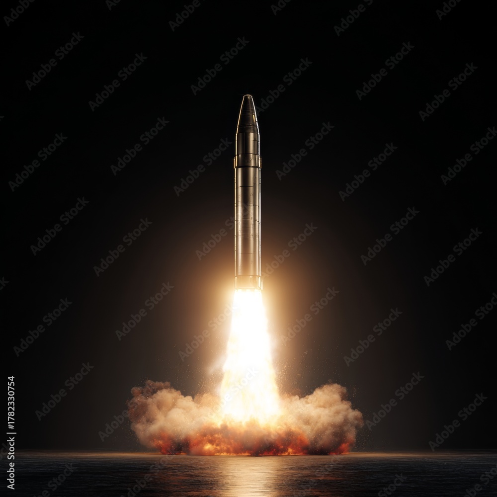 Naklejka premium Rocketry and reach: the intricacies of missile propulsion. Luxury style. A missile's launch on a clear day: transparency in modern warfare. Concept art. Commercial image.