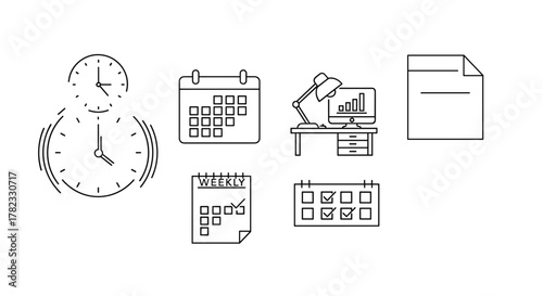 Collection of line icons representing time management, planning, and work organization, including clocks, calendars, a desk with a computer displaying charts, a document, and a weekly planner with