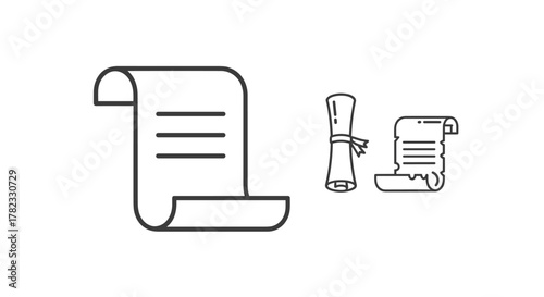 Set of three stylized scroll and document icons with lines representing text, presented in a clean, minimalist line art style on a white background, symbolizing official papers, diplomas, or