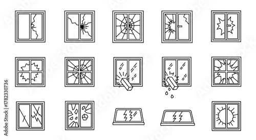 Collection of Broken Window Line Icons: A comprehensive set of outline signs depicting various stages of window damage, from cracks to complete shattering, including impacts from objects, perfect for