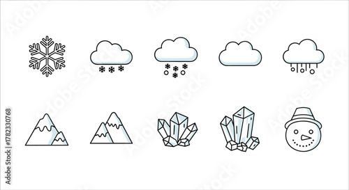 Collection of minimalistic winter-themed icons including a snowflake, clouds with snow, mountains, crystals, and a snowman, perfect for web design, graphic applications, banners, social networks, and
