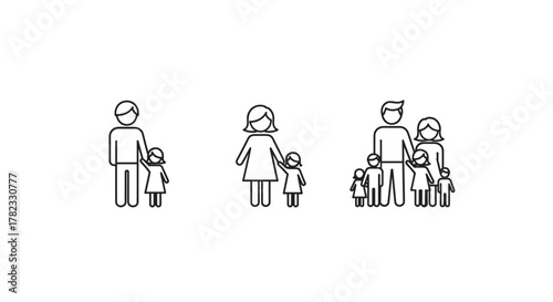 Simple linear illustrations of family units, depicting parents with children in various configurations, suitable for graphic design, app icons, and conceptual representations. This vector cartoon
