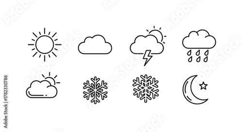 Collection of weather icons in a clean, modern line art style, featuring sun, clouds, rain, lightning, snowflakes, and a crescent moon with a star, perfect for graphic design, website elements, and