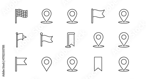 Set of simple outline vector illustrations featuring checkered flags, location markers, waving pennants, and bookmark icons. These minimalist signs are perfect for web, map applications, and graphic
