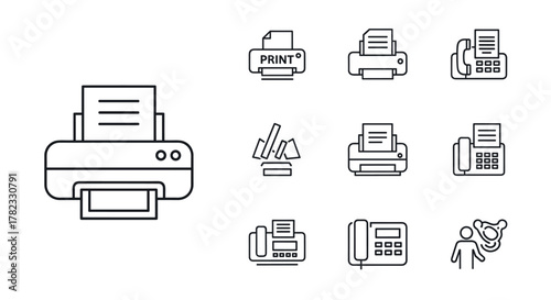 Collection of line art icons representing printers, fax machines, and printing symbols, set against a clean white background, ideal for technology and business-related designs.