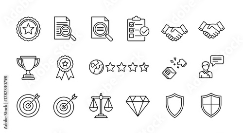 Set of outline icons representing quality control, evaluation, and business success, including a badge, magnifying glass on document, checklist, handshake, trophy, global rating, target, scales of
